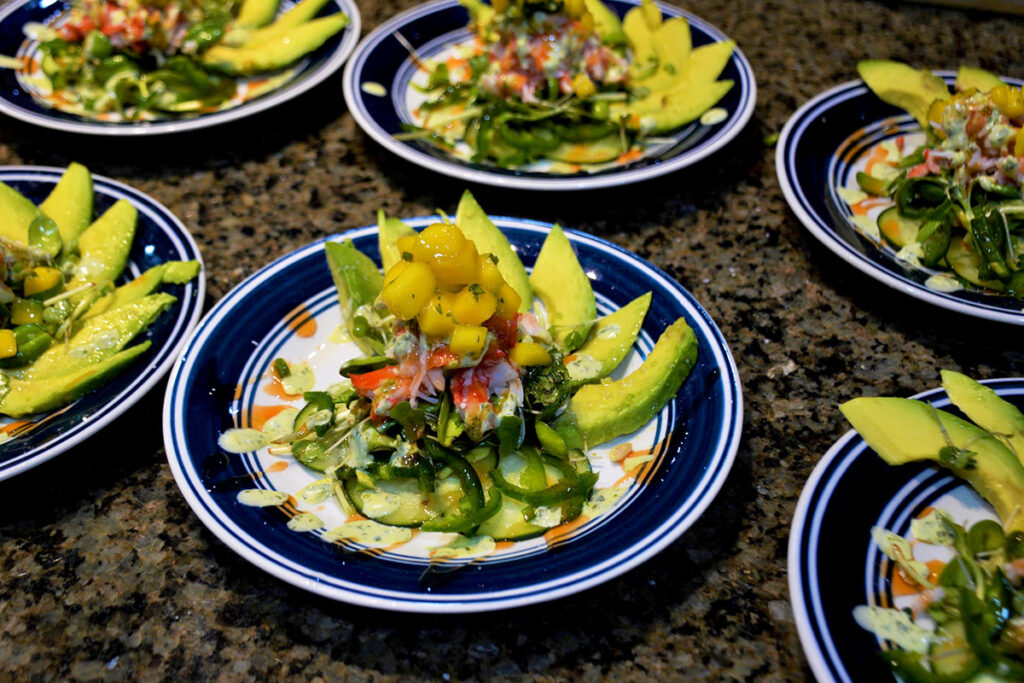 fresh started with veggies, avocado, and creme