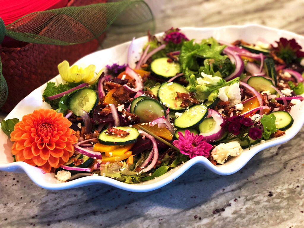 fresh salad with spring mix, arugula, red onions, feta cheese